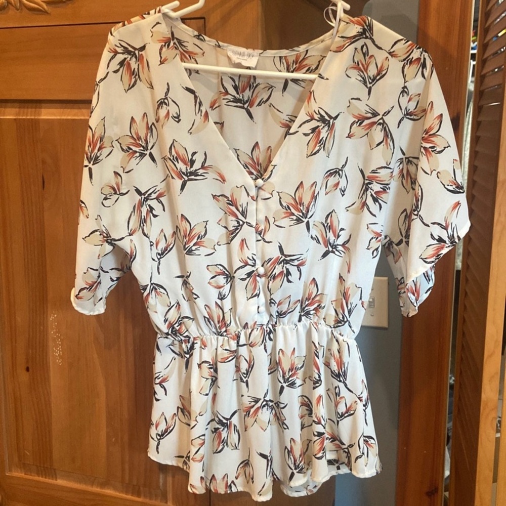Dress top. Beige with burnt orange highlights. Size M